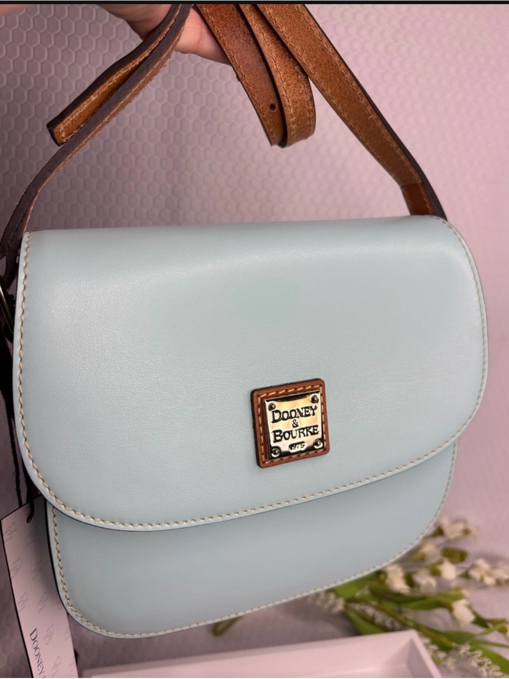Dooney & Bourke Light Blue Crossbody Bag with Tan Trim
